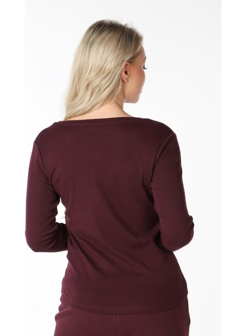 Defy's Women's Long Sleeve V Neck T-Shirt Plum - Image 2